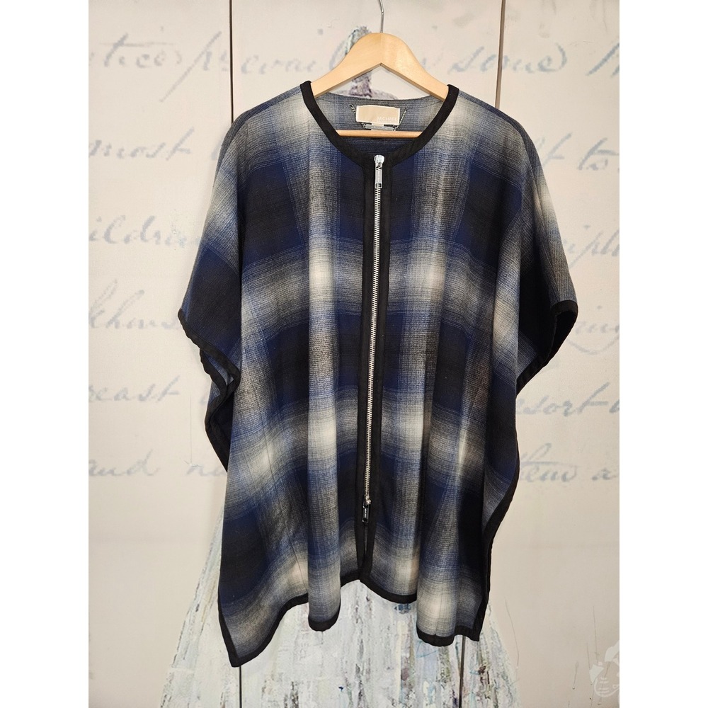 Michael Kors Zip Up Poncho Medium Blue Plaid Ombre Draped Cape